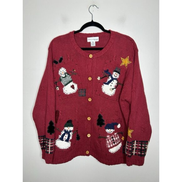 Croft Barrow Sweater Vintage Red Button Up Cardigan Christmas Snowmen Size 1X - Picture 1 of 9